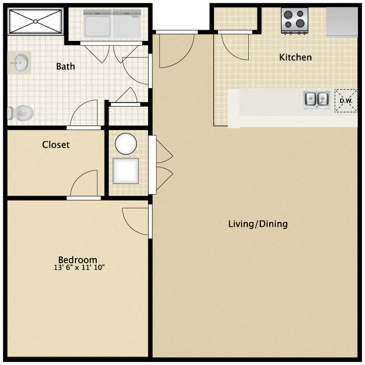 Floor plan for 1 bed, 1 bath, 886 sqft